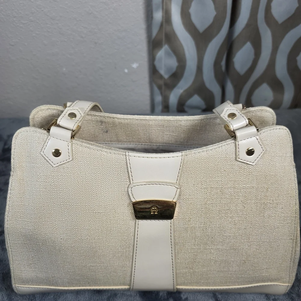 Etienne Aigner Cream and Tan Linen Shoulder Bag.